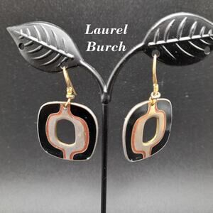 Vintage Laurel Burch Black Gold Drop Earrings, Open Center, Pink Metallic Ring